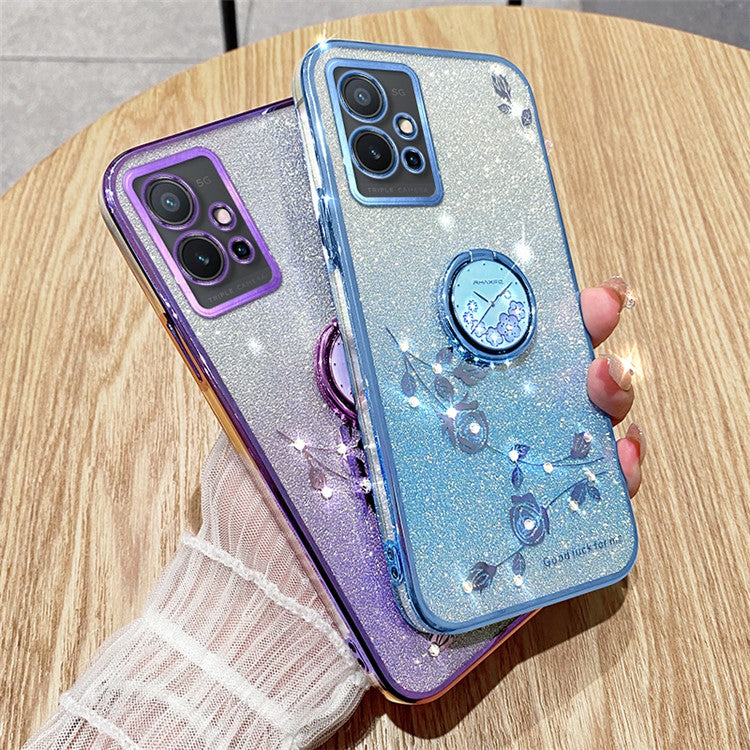 KADEM For vivo Y75 5G / T1 5G / Y33e 5G / Y30 5G / Y55s (2023) 5G / iQOO Z6 Glitter Gradient Rhinestone Flower TPU Case Cover with Kickstand - Blue