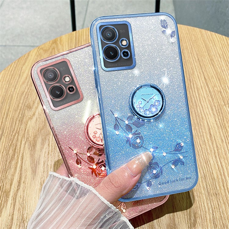 KADEM For vivo Y75 5G / T1 5G / Y33e 5G / Y30 5G / Y55s (2023) 5G / iQOO Z6 Glitter Gradient Rhinestone Flower TPU Case Cover with Kickstand - Blue