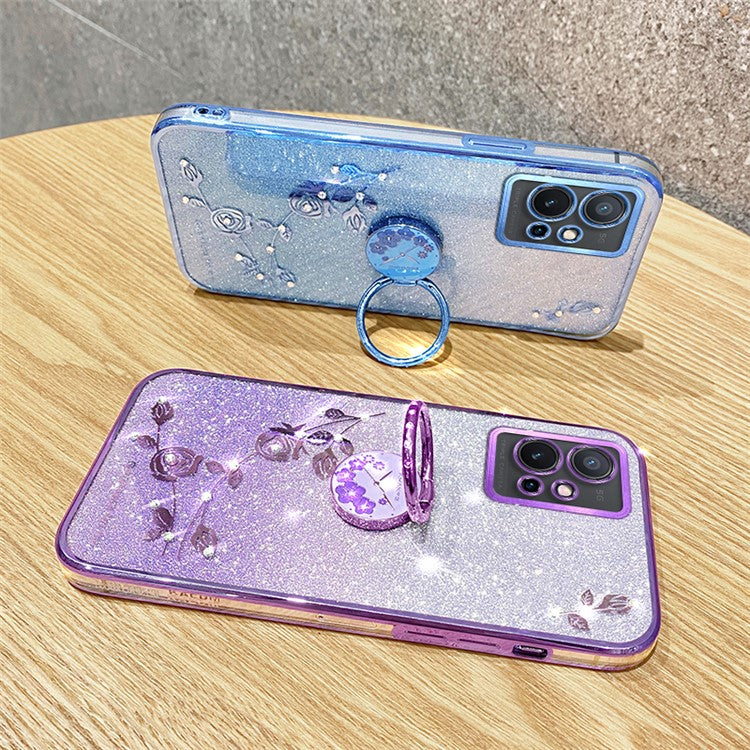 KADEM For vivo Y75 5G / T1 5G / Y33e 5G / Y30 5G / Y55s (2023) 5G / iQOO Z6 Glitter Gradient Rhinestone Flower TPU Case Cover with Kickstand - Blue