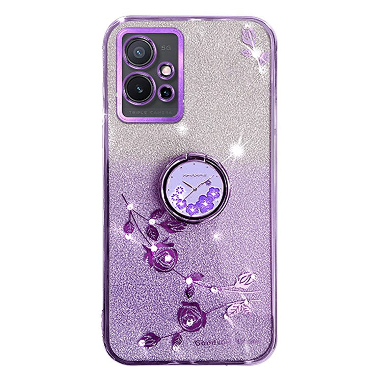 KADEM For vivo Y75 5G / T1 5G / Y33e 5G / Y30 5G / Y55s (2023) 5G / iQOO Z6 Glitter Gradient Rhinestone Flower TPU Case Cover with Kickstand - Purple