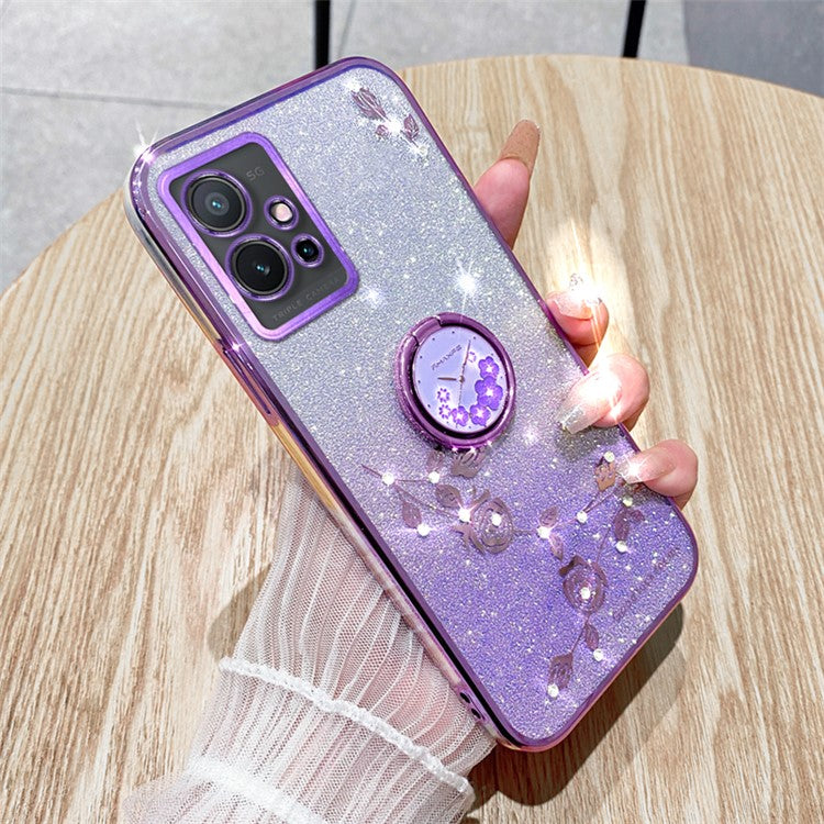 KADEM For vivo Y75 5G / T1 5G / Y33e 5G / Y30 5G / Y55s (2023) 5G / iQOO Z6 Glitter Gradient Rhinestone Flower TPU Case Cover with Kickstand - Purple