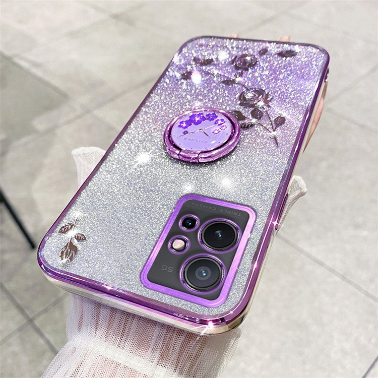 KADEM For vivo Y75 5G / T1 5G / Y33e 5G / Y30 5G / Y55s (2023) 5G / iQOO Z6 Glitter Gradient Rhinestone Flower TPU Case Cover with Kickstand - Purple