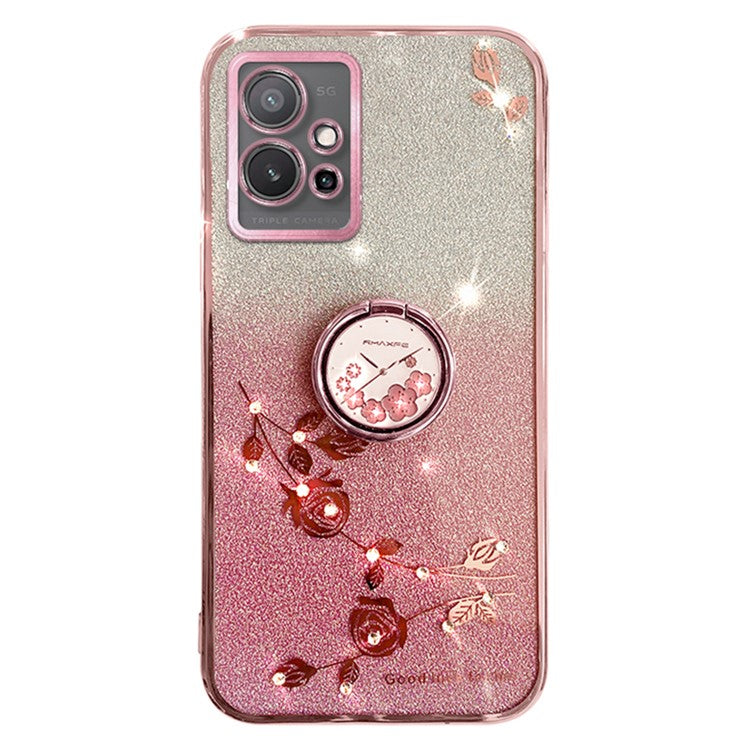 KADEM For vivo Y75 5G / T1 5G / Y33e 5G / Y30 5G / Y55s (2023) 5G / iQOO Z6 Glitter Gradient Rhinestone Flower TPU Case Cover with Kickstand - Rose Gold