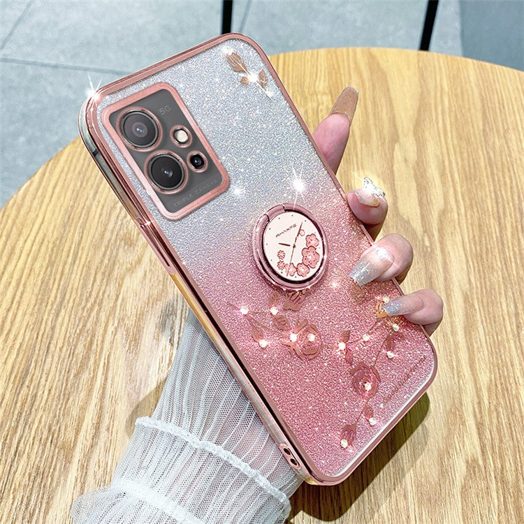 KADEM For vivo Y75 5G / T1 5G / Y33e 5G / Y30 5G / Y55s (2023) 5G / iQOO Z6 Glitter Gradient Rhinestone Flower TPU Case Cover with Kickstand - Rose Gold