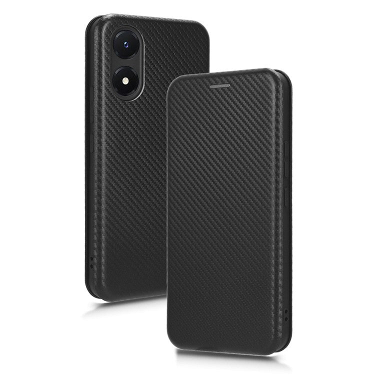 Carbon Fiber Texture Leather Case for vivo Y02s 4G , Stand Card Holder Phone Cover - Black