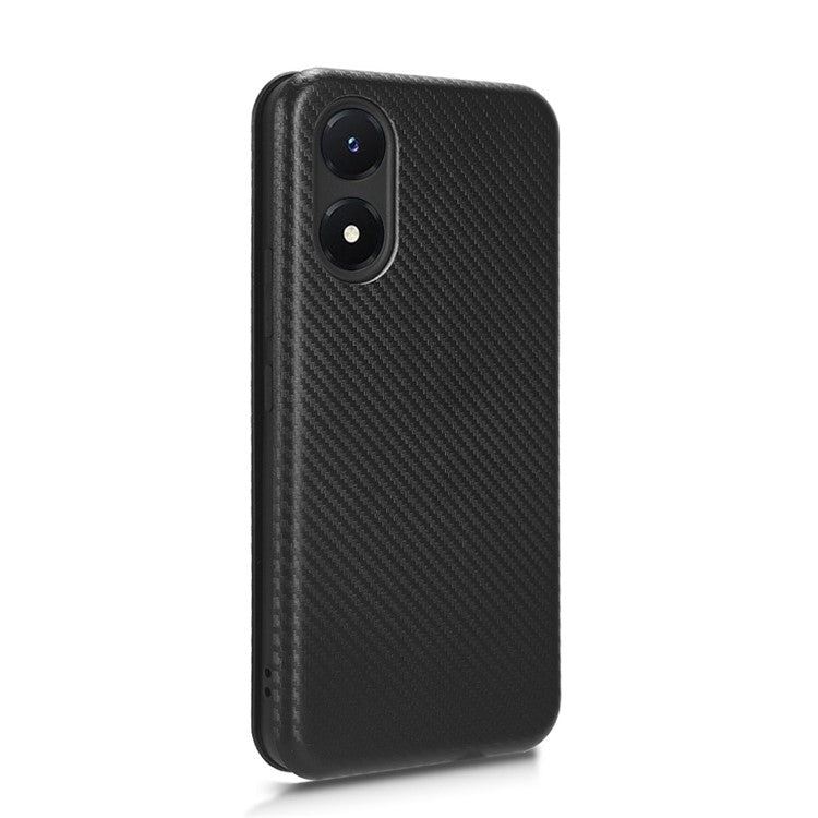 Carbon Fiber Texture Leather Case for vivo Y02s 4G , Stand Card Holder Phone Cover - Black