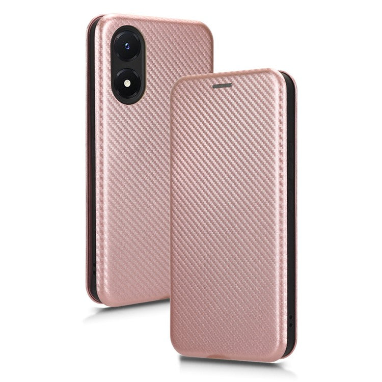 Carbon Fiber Texture Leather Case for vivo Y02s 4G , Stand Card Holder Phone Cover - Rose Gold