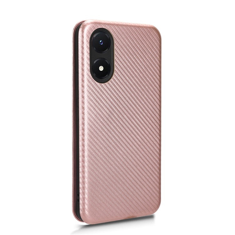 Carbon Fiber Texture Leather Case for vivo Y02s 4G , Stand Card Holder Phone Cover - Rose Gold