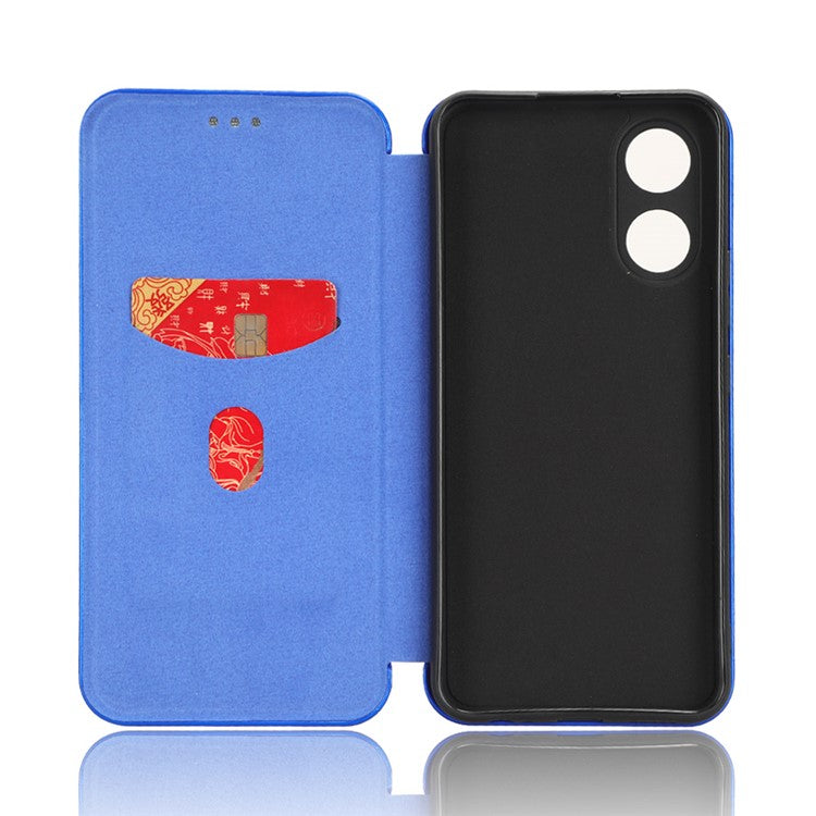 Carbon Fiber Texture Leather Case for vivo Y02s 4G , Stand Card Holder Phone Cover - Blue