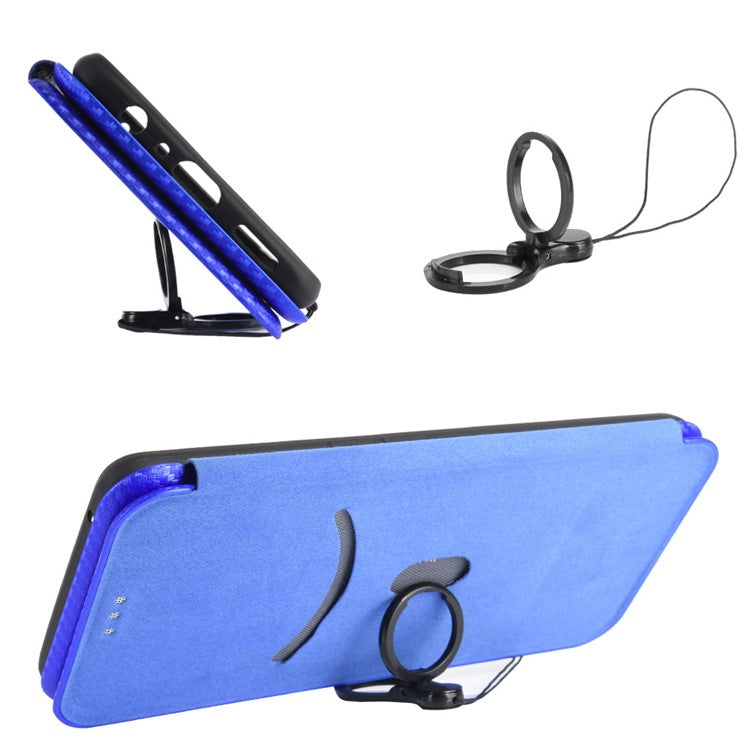 Carbon Fiber Texture Leather Case for vivo Y02s 4G , Stand Card Holder Phone Cover - Blue