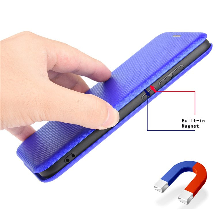 Carbon Fiber Texture Leather Case for vivo Y02s 4G , Stand Card Holder Phone Cover - Blue