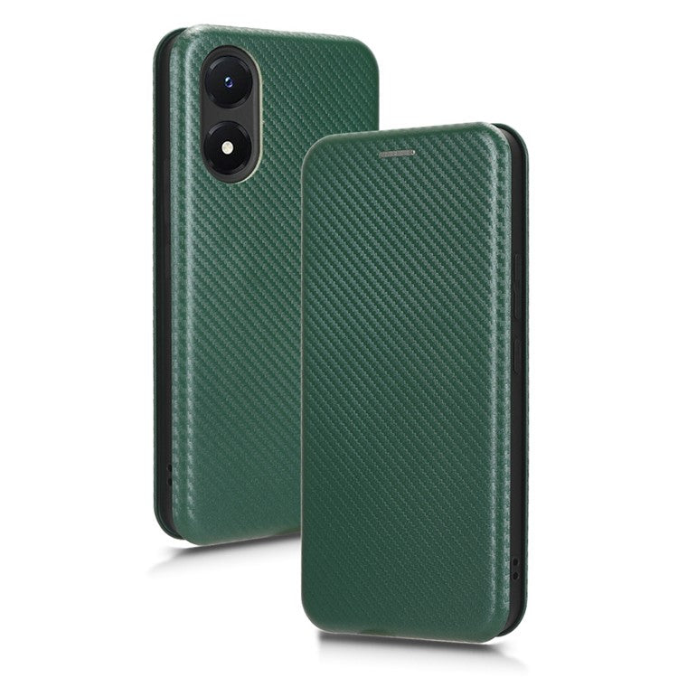 Carbon Fiber Texture Leather Case for vivo Y02s 4G , Stand Card Holder Phone Cover - Green