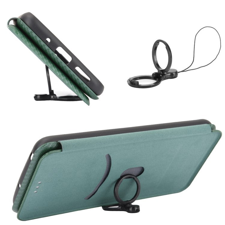 Carbon Fiber Texture Leather Case for vivo Y02s 4G , Stand Card Holder Phone Cover - Green