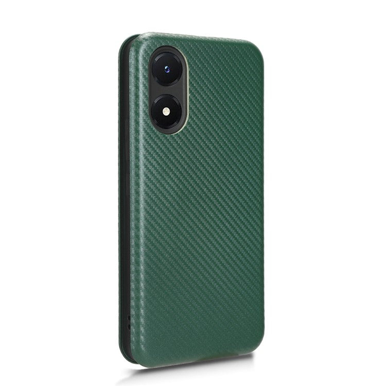 Carbon Fiber Texture Leather Case for vivo Y02s 4G , Stand Card Holder Phone Cover - Green