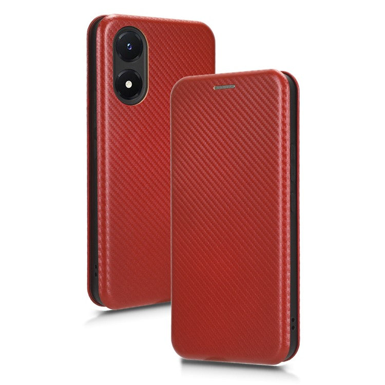 Carbon Fiber Texture Leather Case for vivo Y02s 4G , Stand Card Holder Phone Cover - Brown