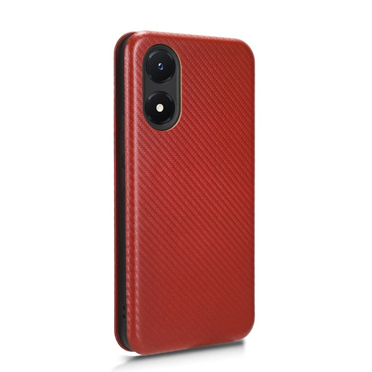 Carbon Fiber Texture Leather Case for vivo Y02s 4G , Stand Card Holder Phone Cover - Brown