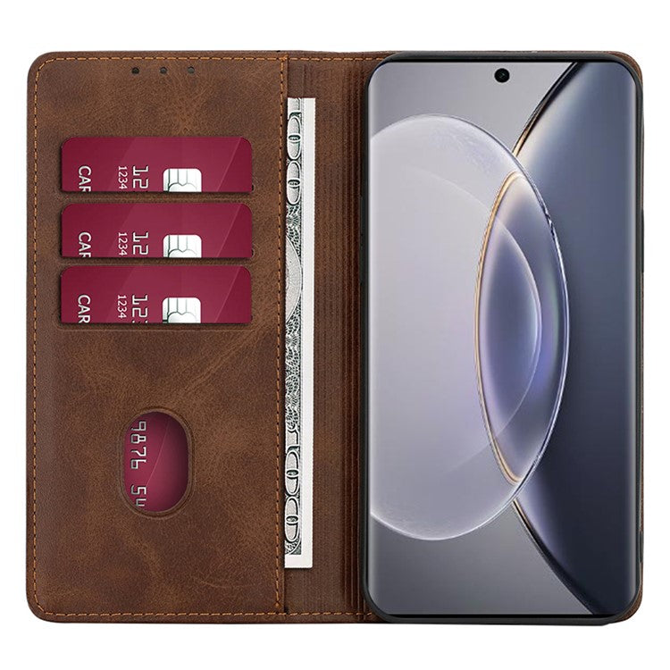 For vivo Y100 5G PU Leather+TPU Wallet Stand Phone Magnetic Closing Case Calf Texture Cover - Brown