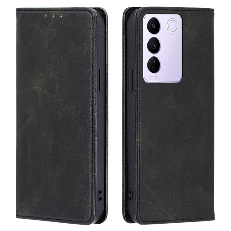 For vivo S16e 5G PU Leather Anti-drop Wallet Stand Phone Case Calf Texture Magnetic Closing Cover - Black