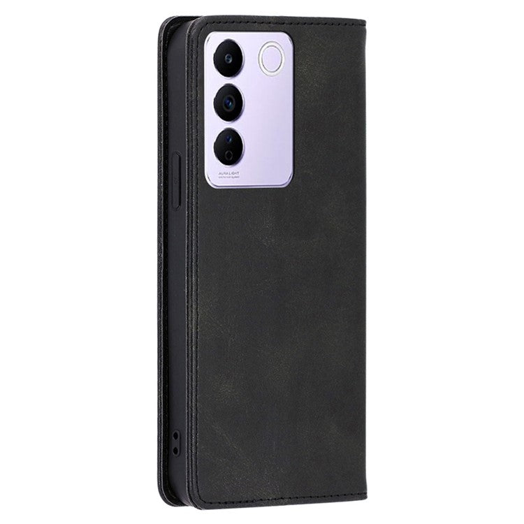 For vivo S16e 5G PU Leather Anti-drop Wallet Stand Phone Case Calf Texture Magnetic Closing Cover - Black