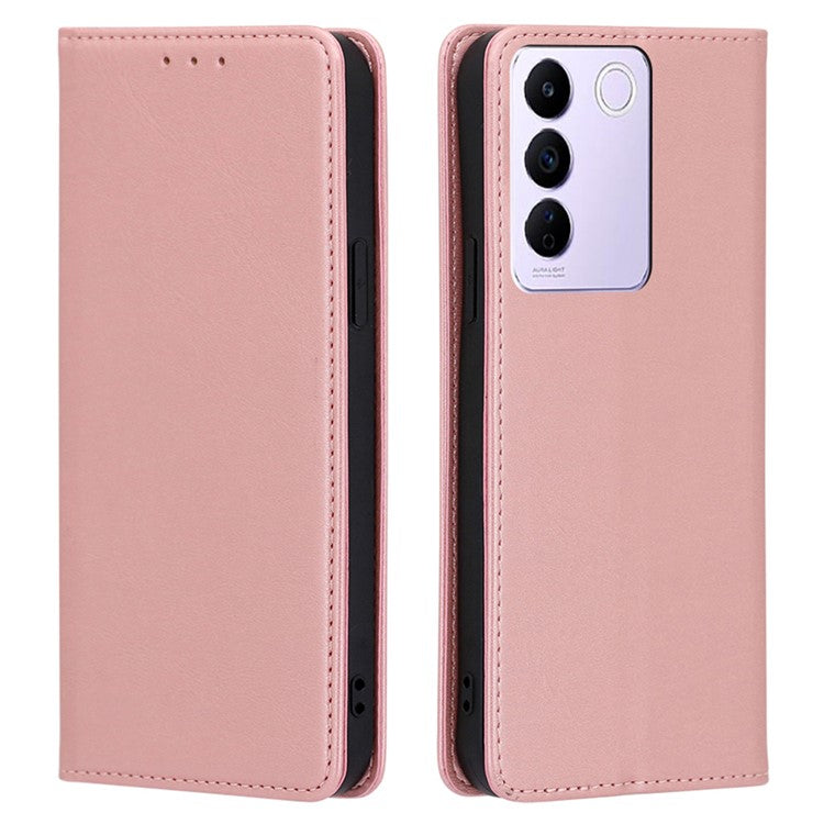 For vivo S16e 5G PU Leather Anti-drop Wallet Stand Phone Case Calf Texture Magnetic Closing Cover - Rose Gold