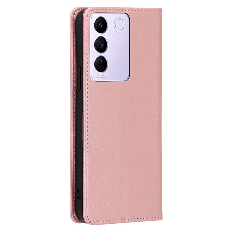 For vivo S16e 5G PU Leather Anti-drop Wallet Stand Phone Case Calf Texture Magnetic Closing Cover - Rose Gold