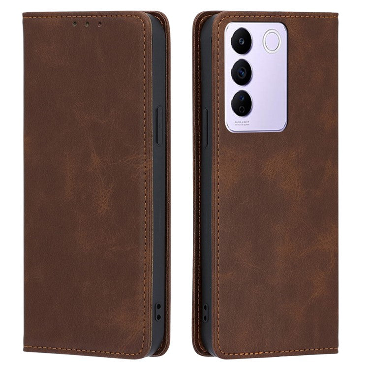 For vivo S16e 5G PU Leather Anti-drop Wallet Stand Phone Case Calf Texture Magnetic Closing Cover - Brown