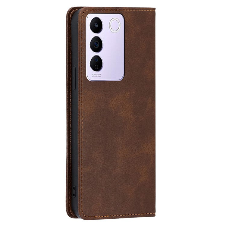 For vivo S16e 5G PU Leather Anti-drop Wallet Stand Phone Case Calf Texture Magnetic Closing Cover - Brown