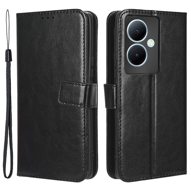 Shockproof Case for vivo Y78+ 5G / Y78 5G / V29 Lite 5G Crazy Horse Texture Stand Wallet PU Leather Phone Flip Cover - Black