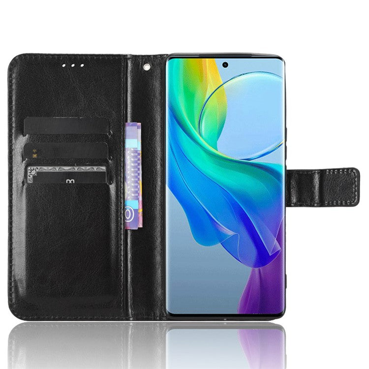 Shockproof Case for vivo Y78+ 5G / Y78 5G / V29 Lite 5G Crazy Horse Texture Stand Wallet PU Leather Phone Flip Cover - Black