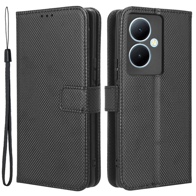 PU Leather Phone Cover for vivo Y78+ 5G / Y78 5G / V29 Lite 5G Shockproof Diamond Texture Case Stand Wallet Flip Shell - Black