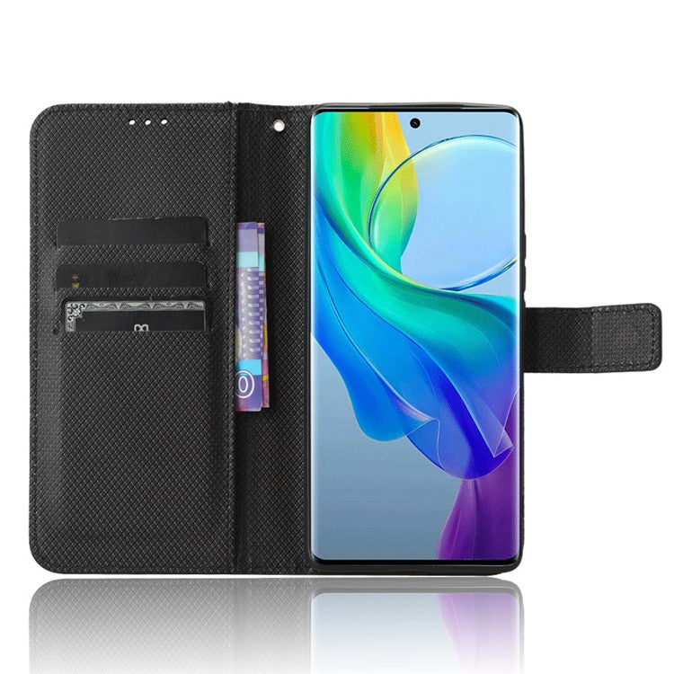 PU Leather Phone Cover for vivo Y78+ 5G / Y78 5G / V29 Lite 5G Shockproof Diamond Texture Case Stand Wallet Flip Shell - Black