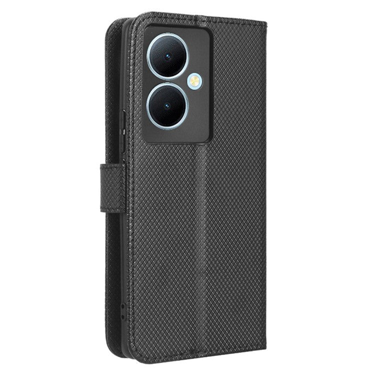 PU Leather Phone Cover for vivo Y78+ 5G / Y78 5G / V29 Lite 5G Shockproof Diamond Texture Case Stand Wallet Flip Shell - Black