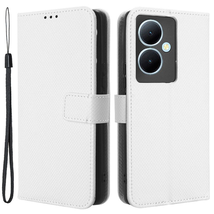 PU Leather Phone Cover for vivo Y78+ 5G / Y78 5G / V29 Lite 5G Shockproof Diamond Texture Case Stand Wallet Flip Shell - White