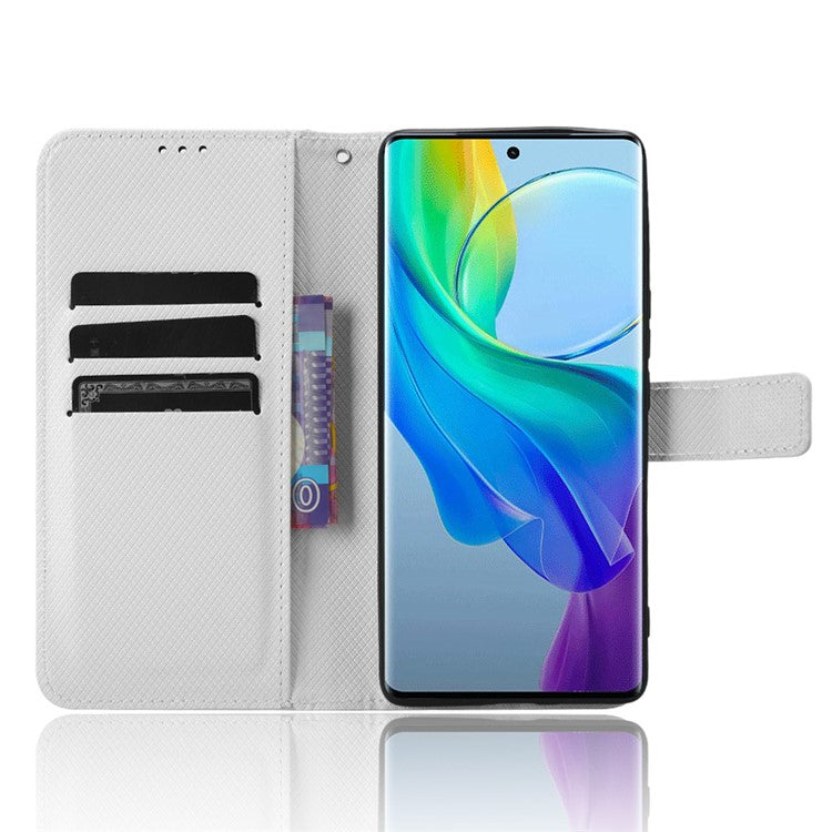 PU Leather Phone Cover for vivo Y78+ 5G / Y78 5G / V29 Lite 5G Shockproof Diamond Texture Case Stand Wallet Flip Shell - White