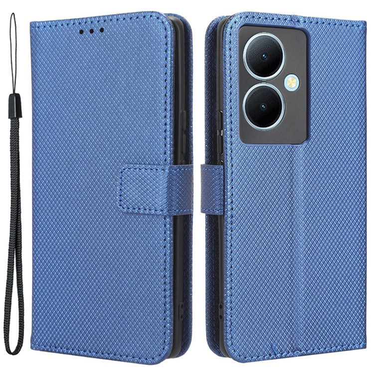 PU Leather Phone Cover for vivo Y78+ 5G / Y78 5G / V29 Lite 5G Shockproof Diamond Texture Case Stand Wallet Flip Shell - Blue