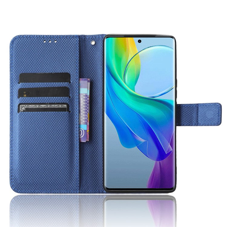 PU Leather Phone Cover for vivo Y78+ 5G / Y78 5G / V29 Lite 5G Shockproof Diamond Texture Case Stand Wallet Flip Shell - Blue