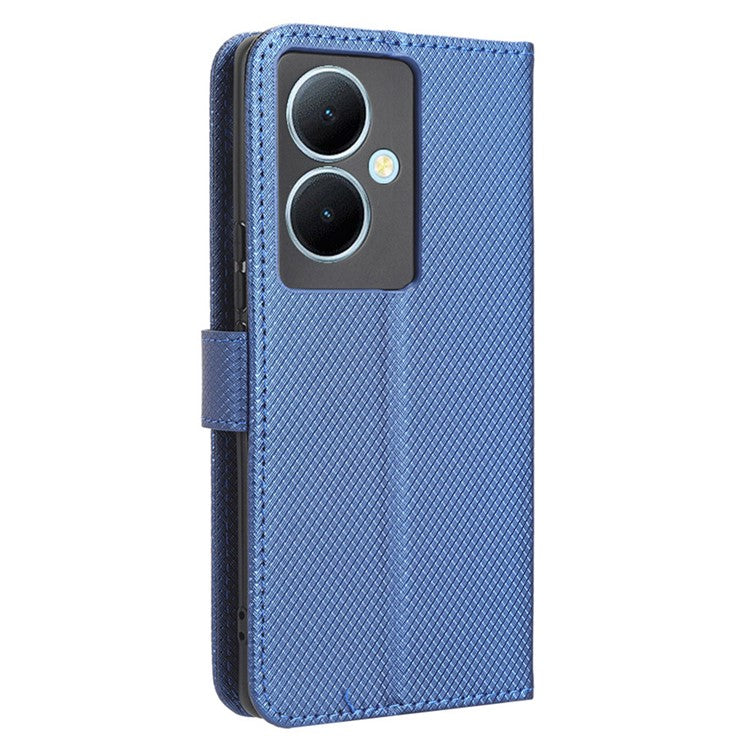 PU Leather Phone Cover for vivo Y78+ 5G / Y78 5G / V29 Lite 5G Shockproof Diamond Texture Case Stand Wallet Flip Shell - Blue