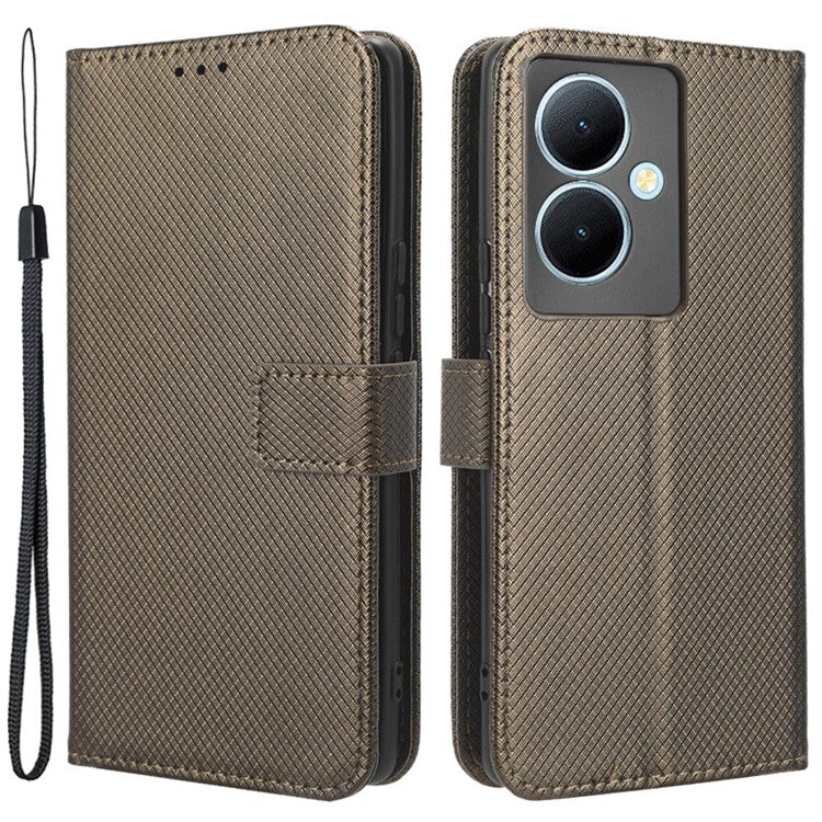 PU Leather Phone Cover for vivo Y78+ 5G / Y78 5G / V29 Lite 5G Shockproof Diamond Texture Case Stand Wallet Flip Shell - Brown