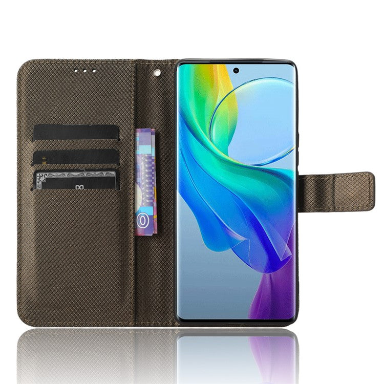 PU Leather Phone Cover for vivo Y78+ 5G / Y78 5G / V29 Lite 5G Shockproof Diamond Texture Case Stand Wallet Flip Shell - Brown