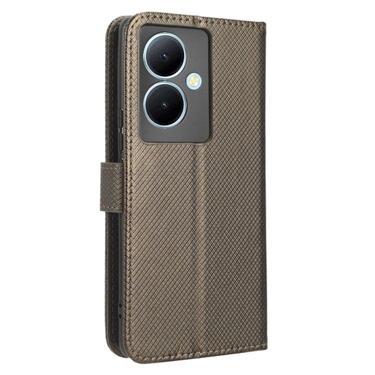 PU Leather Phone Cover for vivo Y78+ 5G / Y78 5G / V29 Lite 5G Shockproof Diamond Texture Case Stand Wallet Flip Shell - Brown