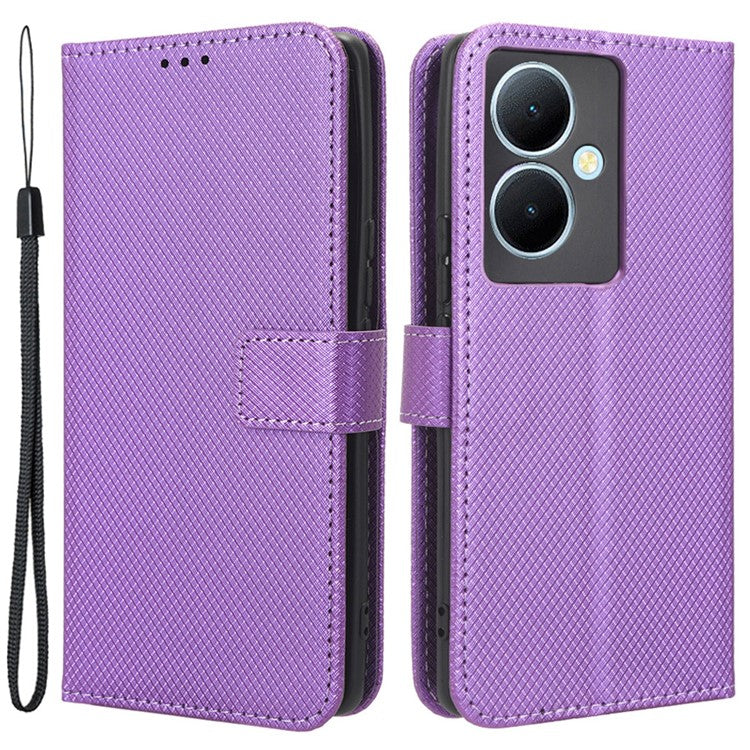 PU Leather Phone Cover for vivo Y78+ 5G / Y78 5G / V29 Lite 5G Shockproof Diamond Texture Case Stand Wallet Flip Shell - Purple