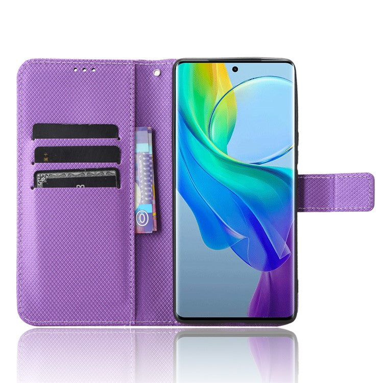 PU Leather Phone Cover for vivo Y78+ 5G / Y78 5G / V29 Lite 5G Shockproof Diamond Texture Case Stand Wallet Flip Shell - Purple