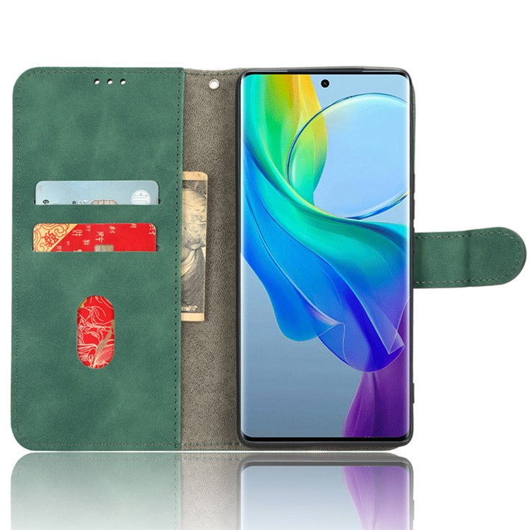 For vivo Y78+ 5G Skin-touch PU Leather Phone Cover Wallet Stand Full Protection Case - Green