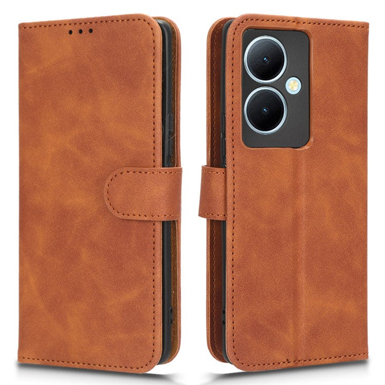 For vivo Y78+ 5G Skin-touch PU Leather Phone Cover Wallet Stand Full Protection Case - Brown