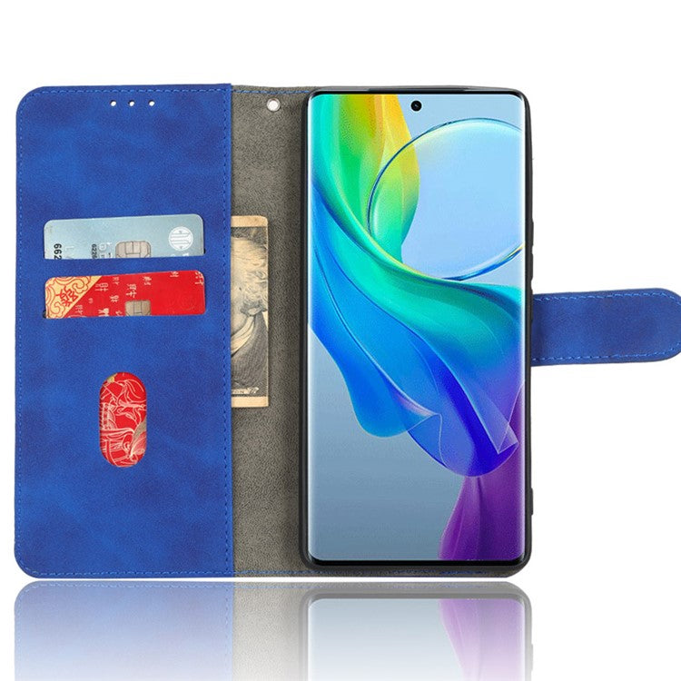 For vivo Y78+ 5G Skin-touch PU Leather Phone Cover Wallet Stand Full Protection Case - Blue