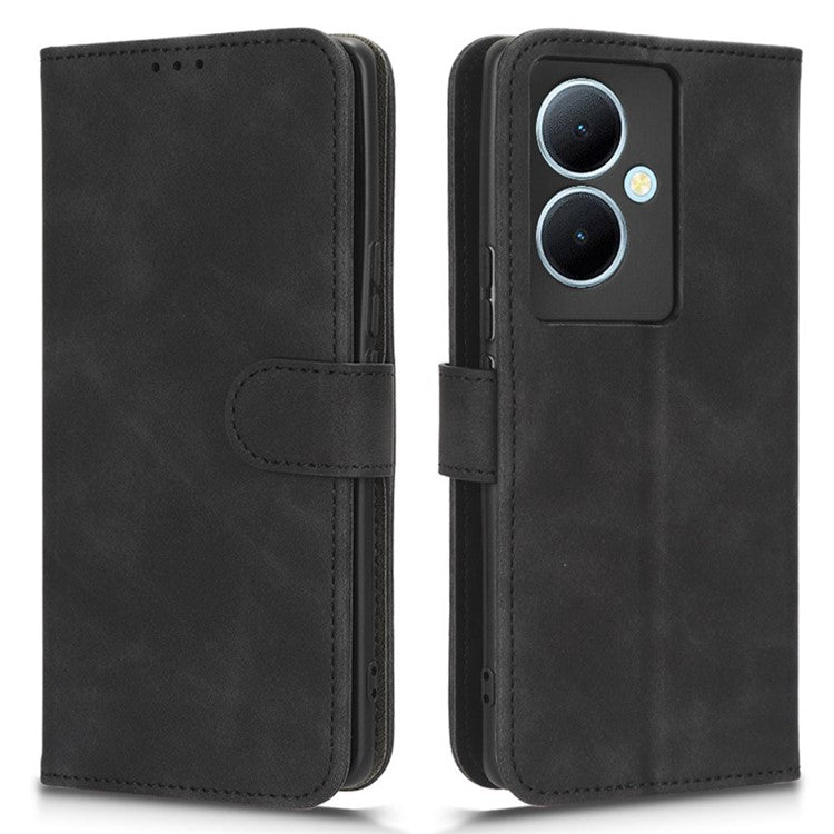 For vivo Y78+ 5G Skin-touch PU Leather Phone Cover Wallet Stand Full Protection Case - Black