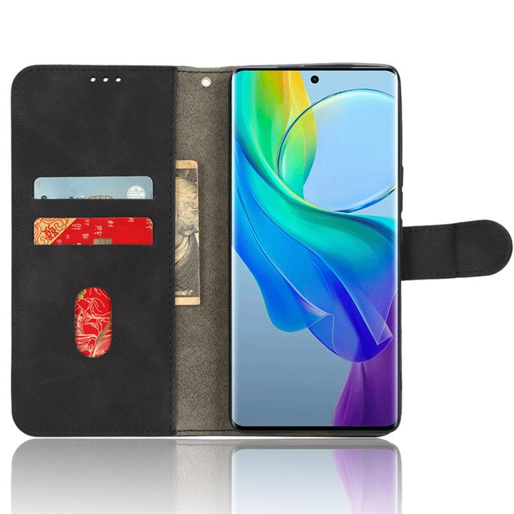 For vivo Y78+ 5G Skin-touch PU Leather Phone Cover Wallet Stand Full Protection Case - Black