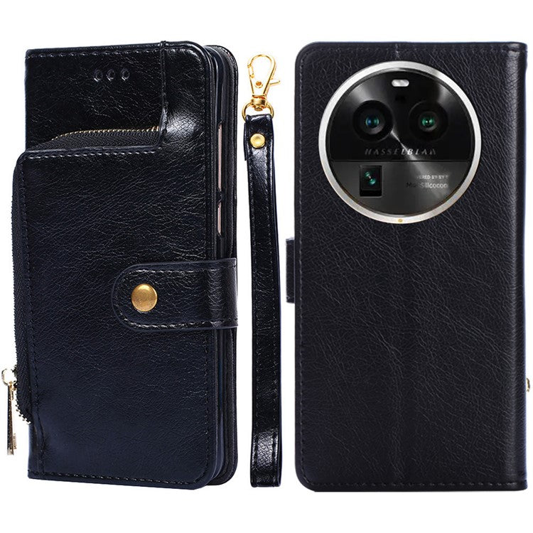 Wallet Case for Oppo Find X6 Pro Zipper Pocket PU Leather Horizontal Stand Phone Cover with Strap - Black