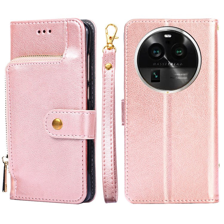 Wallet Case for Oppo Find X6 Pro Zipper Pocket PU Leather Horizontal Stand Phone Cover with Strap - Rose Gold