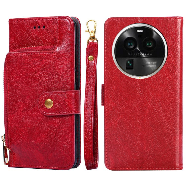 Wallet Case for Oppo Find X6 Pro Zipper Pocket PU Leather Horizontal Stand Phone Cover with Strap - Red